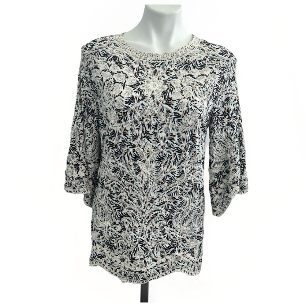 NEW Solitaire White & Black Floral Lace-Trim Knit Top LARGE
